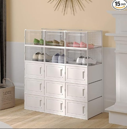 15-Pack Clear Foldable Shoe Storage Boxes with Front Drawer Access – Modular Stackable Design