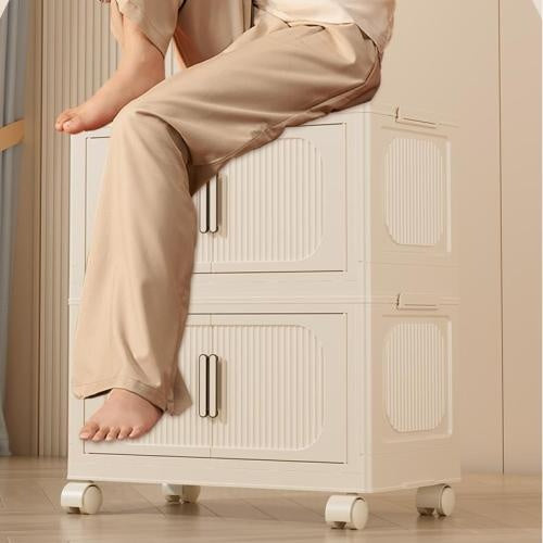 3-Tier Cream White Folding Storage Cabinet – Magnetic Doors & Wheels (Collapsible)