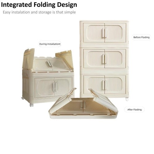 3-Tier Cream White Folding Storage Cabinet – Magnetic Doors & Wheels (Collapsible)