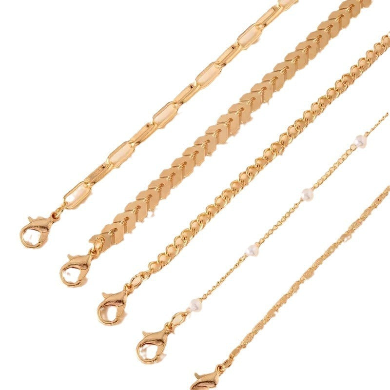 Summer Fashion 5-Piece Pearl Anklet – Layered Gold Chain Set for Women