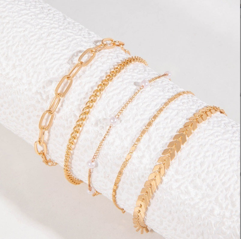 Summer Fashion 5-Piece Pearl Anklet – Layered Gold Chain Set for Women