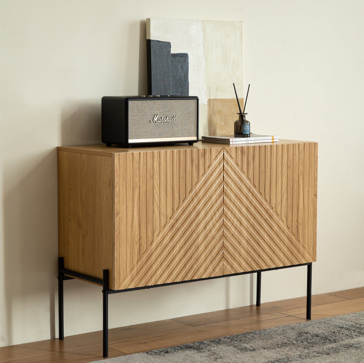 Storage Cabinet with 2 Doors – Natural Wood Accent Console with Adjustable Shelves