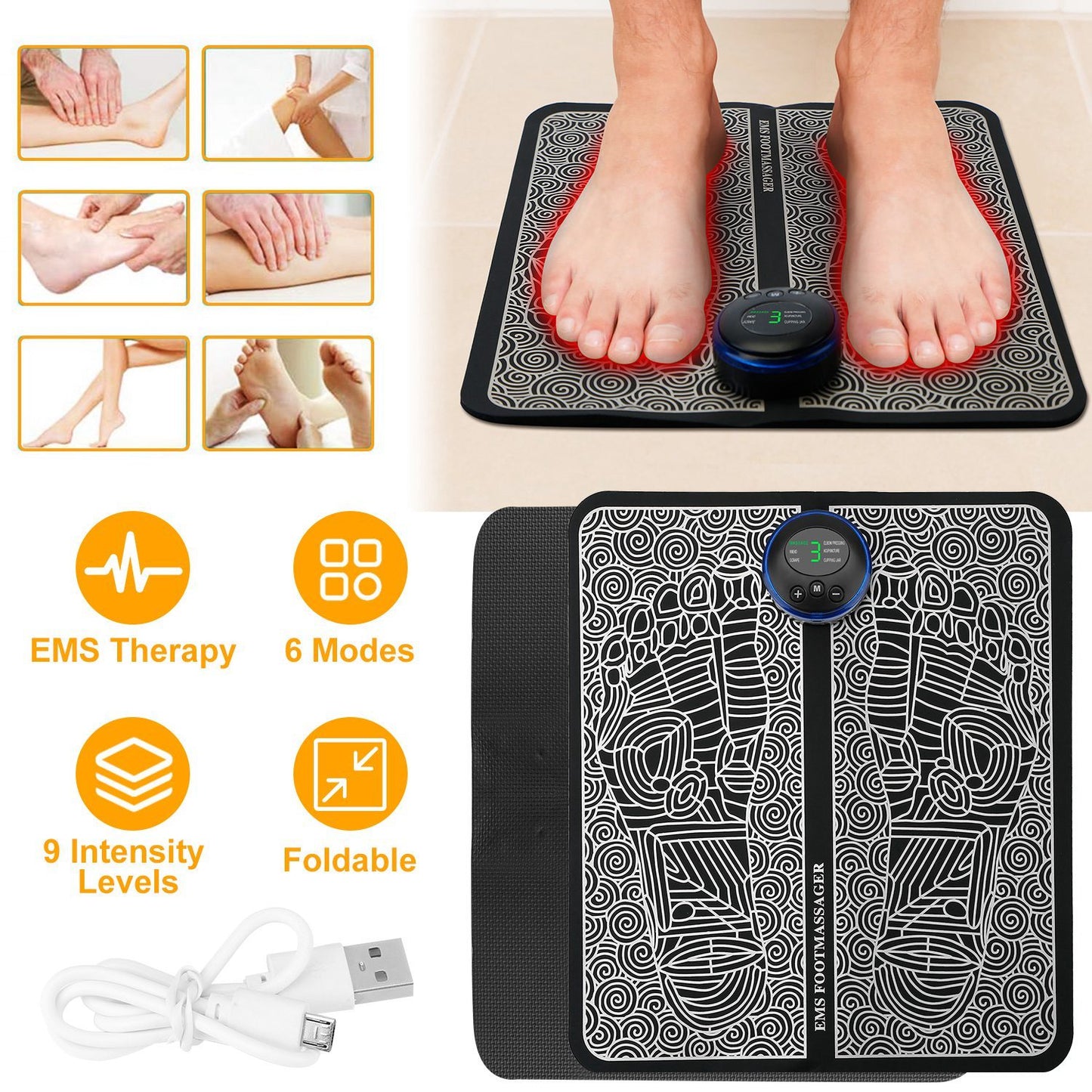 EMS Foot Massager Pad – Rechargeable Electric Reflexology Mat with 6 Modes & Auto Shut-Off