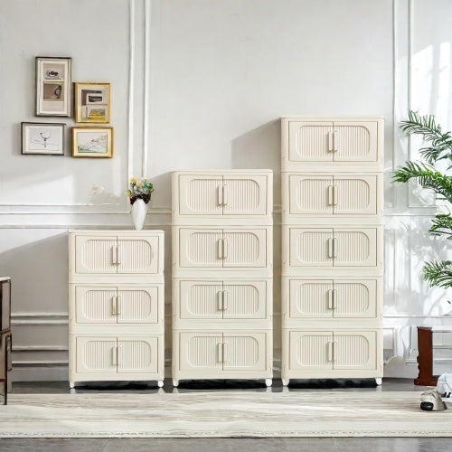 3-Tier Cream White Folding Storage Cabinet – Magnetic Doors & Wheels (Collapsible)