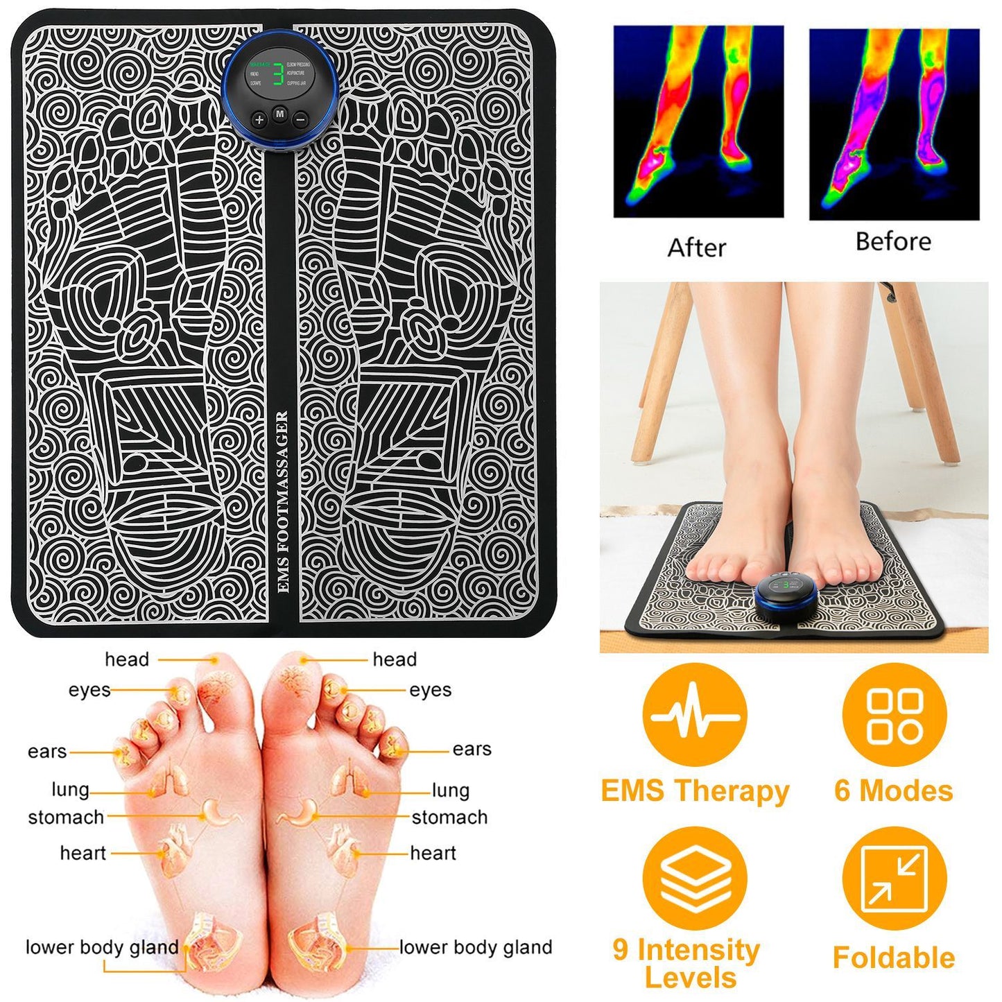 EMS Foot Massager Pad – Rechargeable Electric Reflexology Mat with 6 Modes & Auto Shut-Off