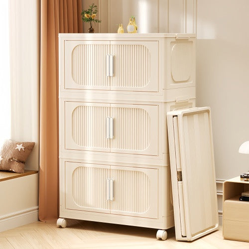 3-Tier Cream White Folding Storage Cabinet – Magnetic Doors & Wheels (Collapsible)