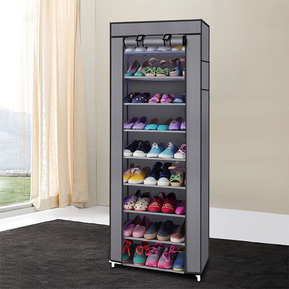 10-Tier Shoe Storage Cabinet with Dust Cover – Foldable, Lightweight Organizer (Gray)