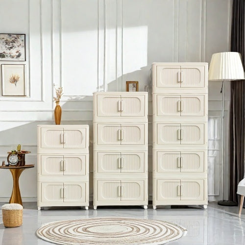 3-Tier Cream White Folding Storage Cabinet – Magnetic Doors & Wheels (Collapsible)