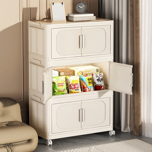 3-Tier Cream White Folding Storage Cabinet – Magnetic Doors & Wheels (Collapsible)