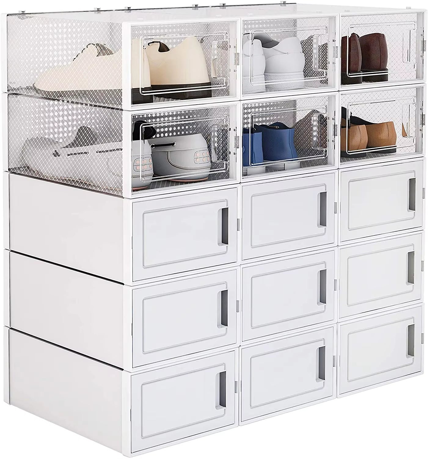 15-Pack Clear Foldable Shoe Storage Boxes with Front Drawer Access – Modular Stackable Design