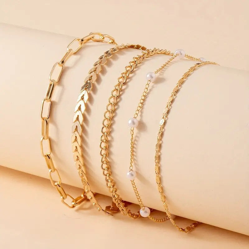 Summer Fashion 5-Piece Pearl Anklet – Layered Gold Chain Set for Women
