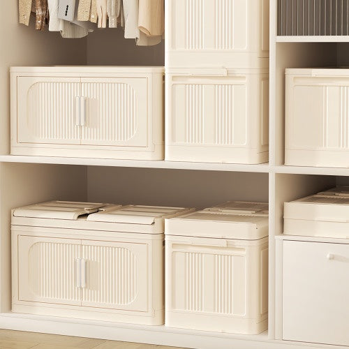 3-Tier Cream White Folding Storage Cabinet – Magnetic Doors & Wheels (Collapsible)