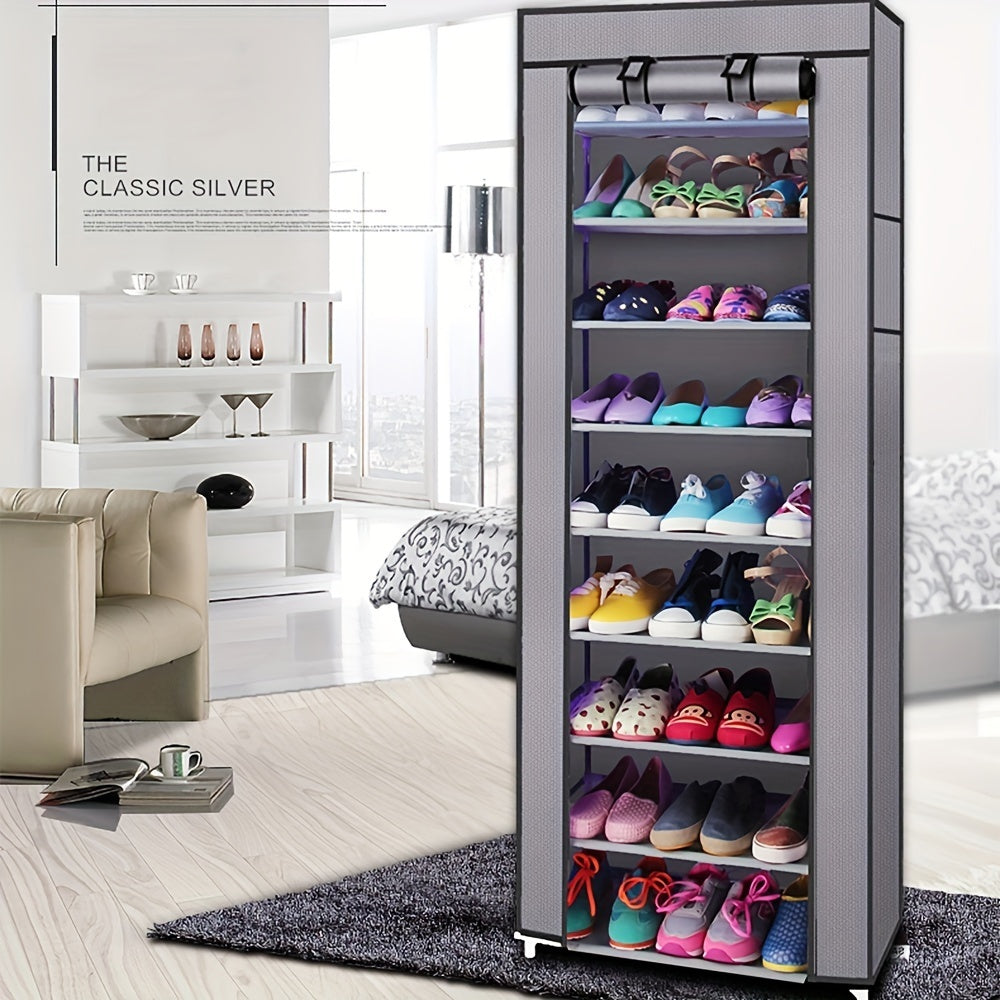 10-Tier Shoe Storage Cabinet with Dust Cover – Foldable, Lightweight Organizer (Gray)