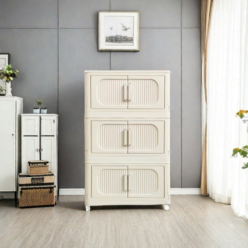 3-Tier Cream White Folding Storage Cabinet – Magnetic Doors & Wheels (Collapsible)