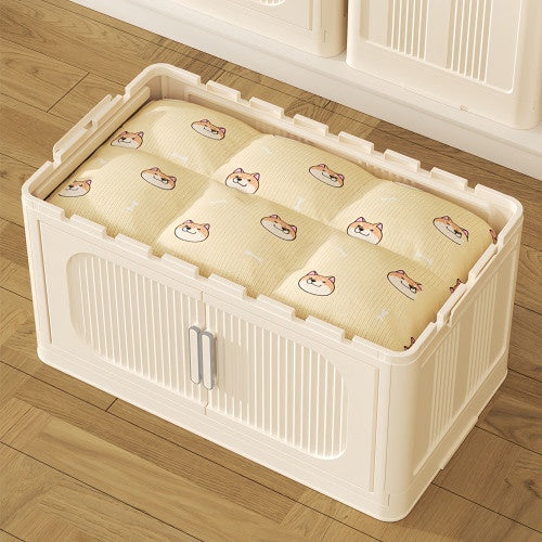 3-Tier Cream White Folding Storage Cabinet – Magnetic Doors & Wheels (Collapsible)
