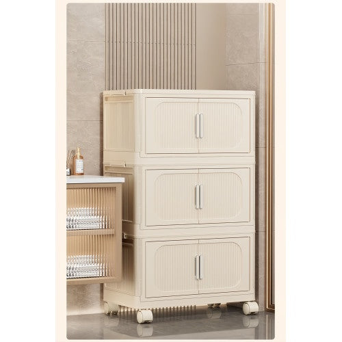 3-Tier Cream White Folding Storage Cabinet – Magnetic Doors & Wheels (Collapsible)