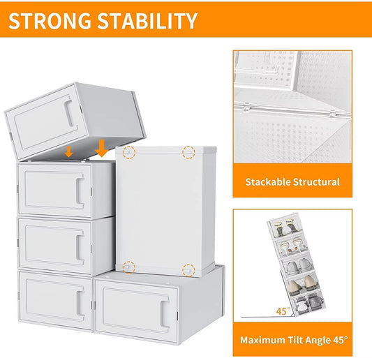 15-Pack Clear Foldable Shoe Storage Boxes with Front Drawer Access – Modular Stackable Design