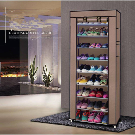 RoomSaver 9-Tier Shoe Rack – Space-Saving Fabric Organizer (Coffee Color)