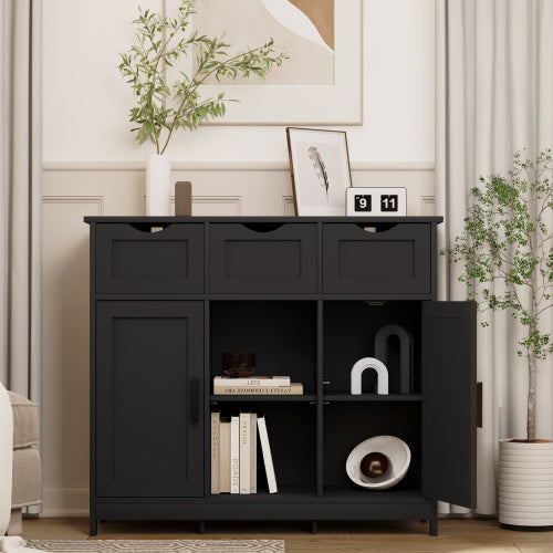 Black Wooden Storage Cabinet with Drawers & Adjustable Shelves – Accent Organizer for Bedroom, Living Room, or Coffee Bar